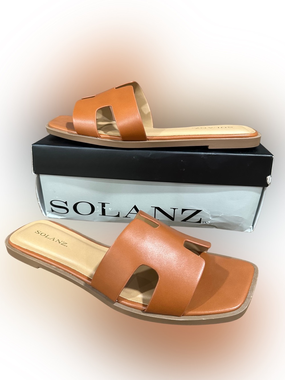 NEW Solanz Salvia Tan Brown Square Toe Sandal Slides Flats Open Toe Women’s 11 M